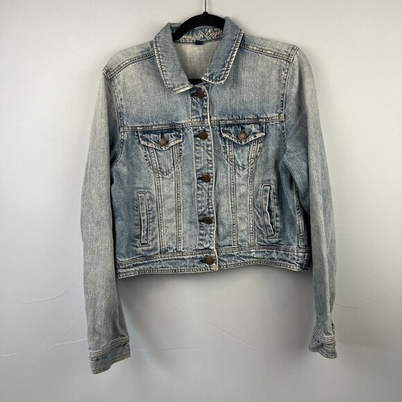 American Eagle Classic Light Wash Distressed Cropped Denim Jacket Size XL - Picture 1 of 7